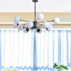 12-Light Black and Cream White Sputnik Modern Linear Chandelier by Magic Home