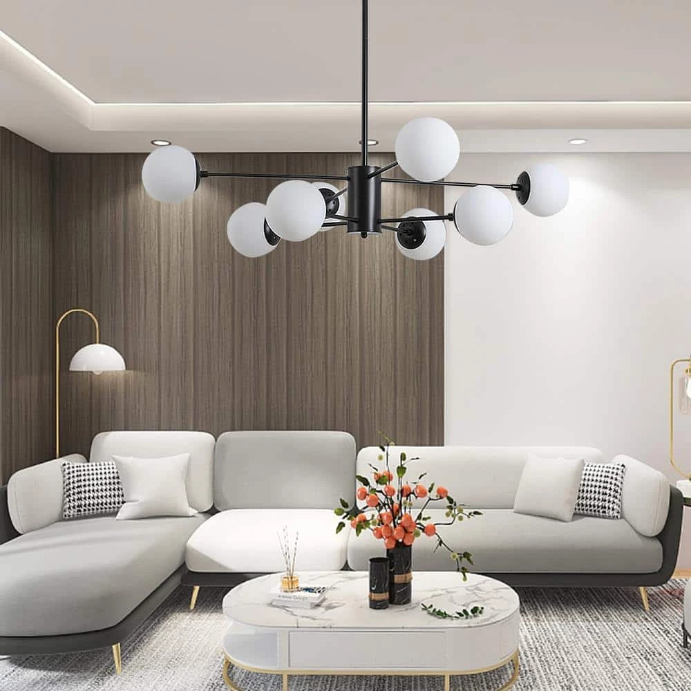 8-Light Black And Cream White Iron Sputnik Modern Linear Chandelier by Magic Home 8 8-Light Black And Cream White Iron Sputnik Modern Linear Chandelier by Magic Home - Image 6