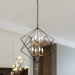 8-Light Black and Gold Wrought Iron Lantern Geometric Chandelier with Metal Shade by Magic Home