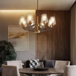 8-Light Mid Century Modern Black and Gold Brushed Brass Ceiling Hanging Chandelier Lighting Fixture with Glass Shades by Magic Home -Spitzer Sales Store black and gold magic home chandeliers mh lch 22009 31 1000