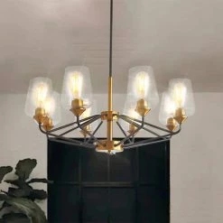 8-Light Mid Century Modern Black and Gold Brushed Brass Ceiling Hanging Chandelier Lighting Fixture with Glass Shades by Magic Home