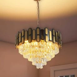 8-Light Modern Black and Gold Crystal Chandelier Round 4 Tier Crystal Chandeliers Hanging Ceiling Light by Magic Home