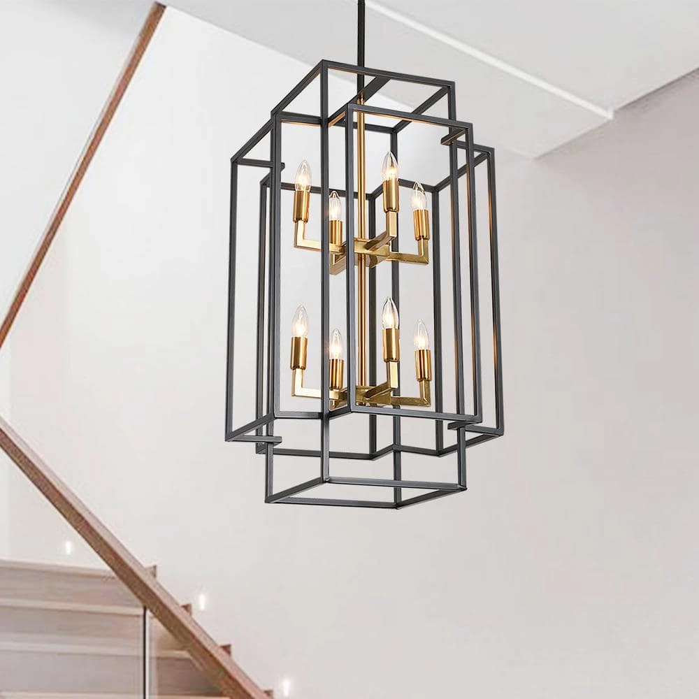 8-Light Black and Gold Lantern Tiered Chandelier by Magic Home 3 8-Light Black and Gold Lantern Tiered Chandelier by Magic Home