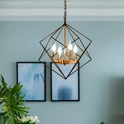 4-Light Black and Gold Wrought Iron Lantern Geometric Chandelier by Magic Home