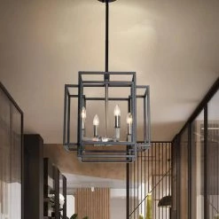 4-Light Black Brushed Nickel Lantern Geometric Pendant by Magic Home -Spitzer Sales Store black brushed nickel magic home chandeliers mhx y 020208g 4f 1000