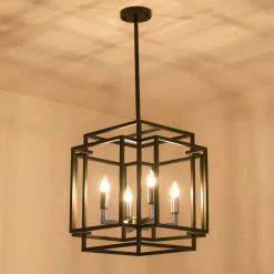 4-Light Black Brushed Nickel Lantern Geometric Pendant by Magic Home