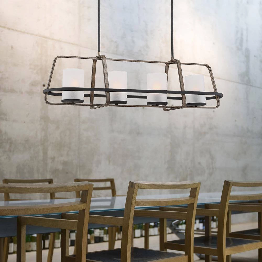 4-Light Black Wood Tone Linear Chandelier with Etched Seedy Glass Shades by Cordelia Lighting 9 4-Light Black Wood Tone Linear Chandelier with Etched Seedy Glass Shades by Cordelia Lighting - Image 8