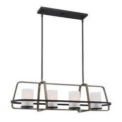 4-Light Black Wood Tone Linear Chandelier with Etched Seedy Glass Shades by Cordelia Lighting