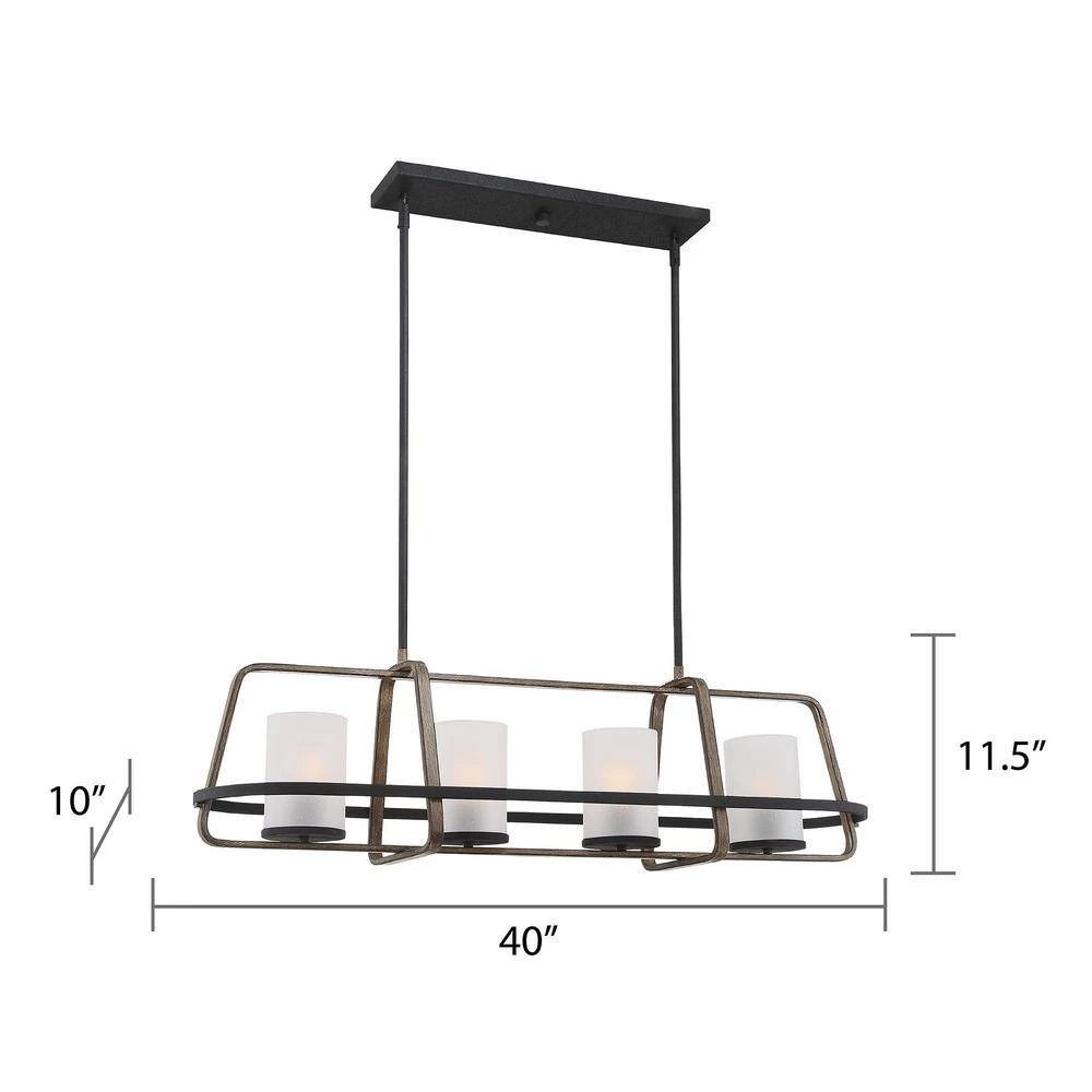 4-Light Black Wood Tone Linear Chandelier with Etched Seedy Glass Shades by Cordelia Lighting 5 4-Light Black Wood Tone Linear Chandelier with Etched Seedy Glass Shades by Cordelia Lighting - Image 4