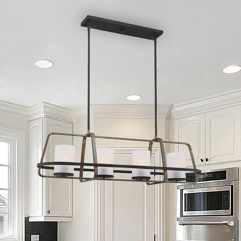 4-Light Black Wood Tone Linear Chandelier with Etched Seedy Glass Shades by Cordelia Lighting 8 4-Light Black Wood Tone Linear Chandelier with Etched Seedy Glass Shades by Cordelia Lighting - Image 7