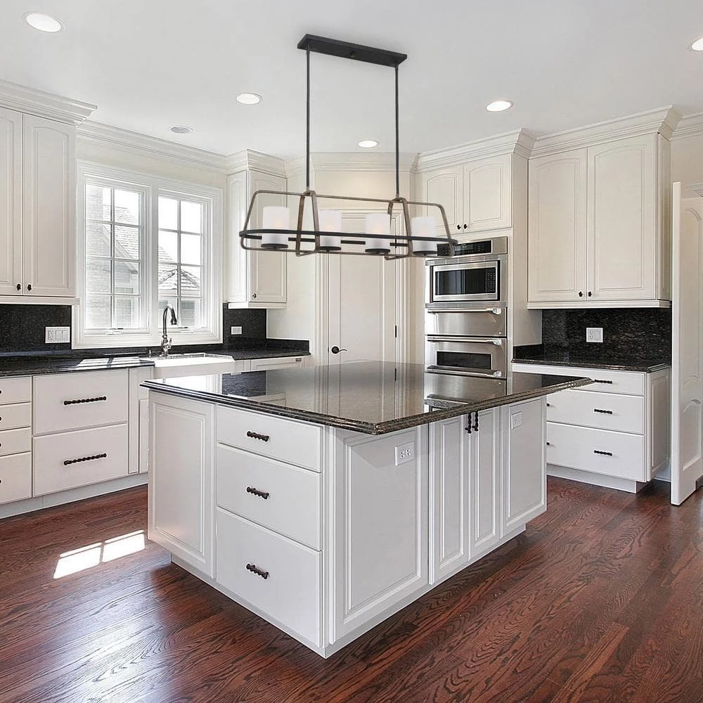 4-Light Black Wood Tone Linear Chandelier with Etched Seedy Glass Shades by Cordelia Lighting 3 4-Light Black Wood Tone Linear Chandelier with Etched Seedy Glass Shades by Cordelia Lighting - Image 2