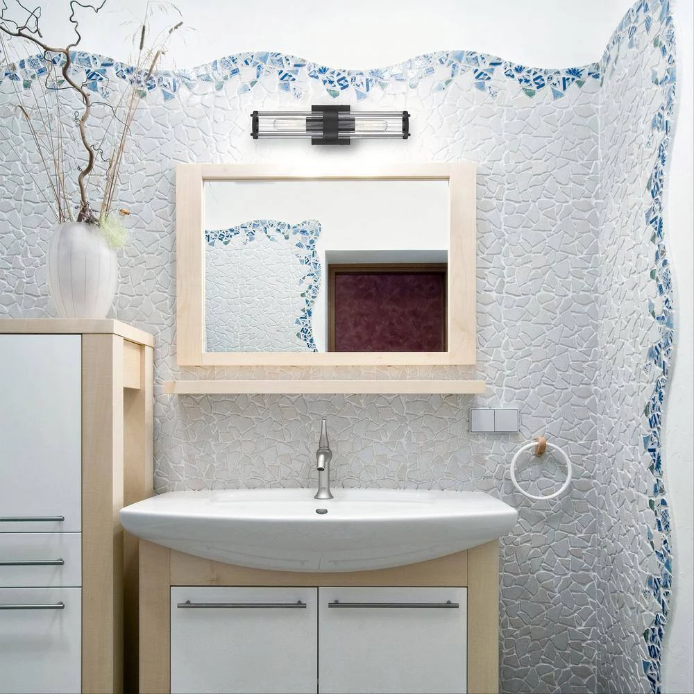 18 in. 2-Light Black Vanity Light with Clear Ribbed Glass Shade by Cordelia Lighting 12 18 in. 2-Light Black Vanity Light with Clear Ribbed Glass Shade by Cordelia Lighting - Image 10