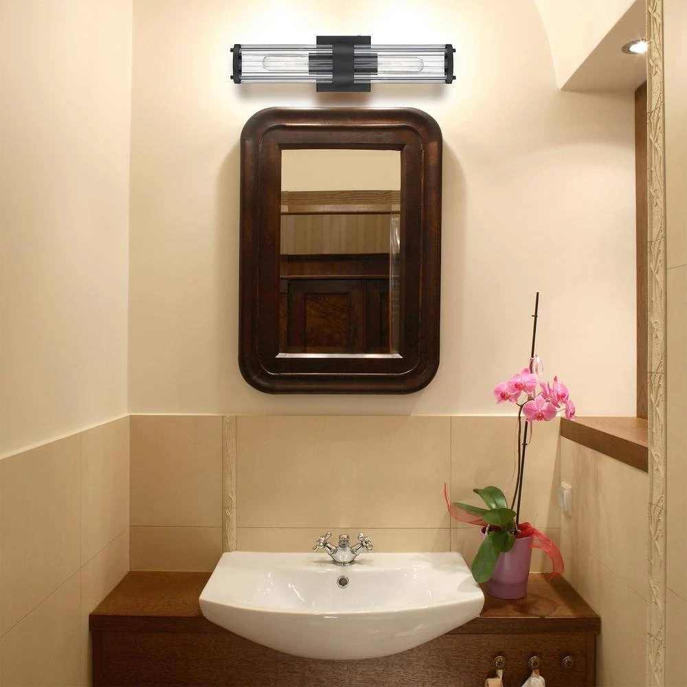 18 in. 2-Light Black Vanity Light with Clear Ribbed Glass Shade by Cordelia Lighting 11 18 in. 2-Light Black Vanity Light with Clear Ribbed Glass Shade by Cordelia Lighting - Image 9