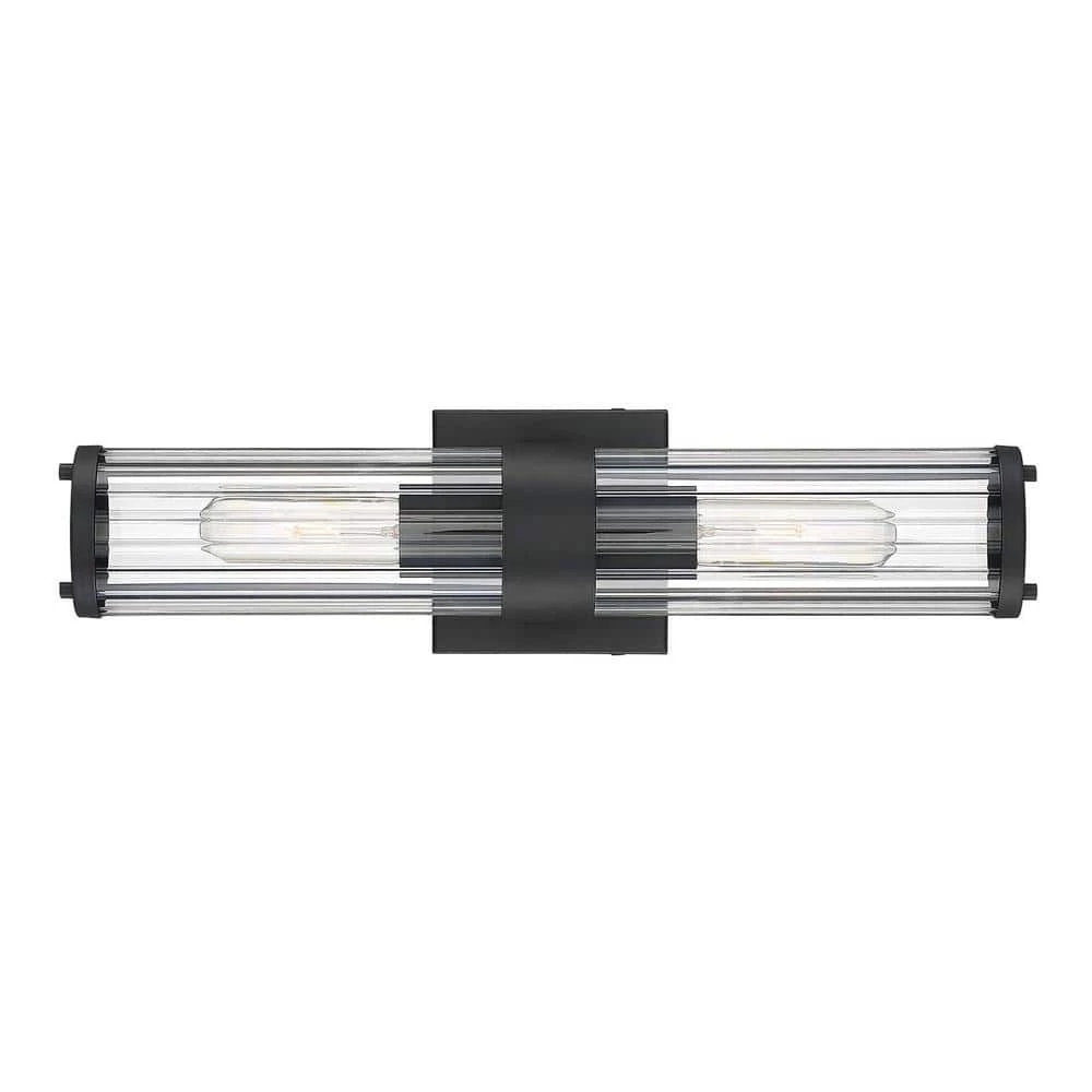 18 in. 2-Light Black Vanity Light with Clear Ribbed Glass Shade by Cordelia Lighting 3 18 in. 2-Light Black Vanity Light with Clear Ribbed Glass Shade by Cordelia Lighting