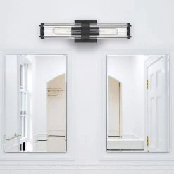 18 in. 2-Light Black Vanity Light with Clear Ribbed Glass Shade by Cordelia Lighting 19 18 in. 2-Light Black Vanity Light with Clear Ribbed Glass Shade by Cordelia Lighting -Spitzer Sales Store black cordelia lighting vanity lighting 2631 05 77 1000