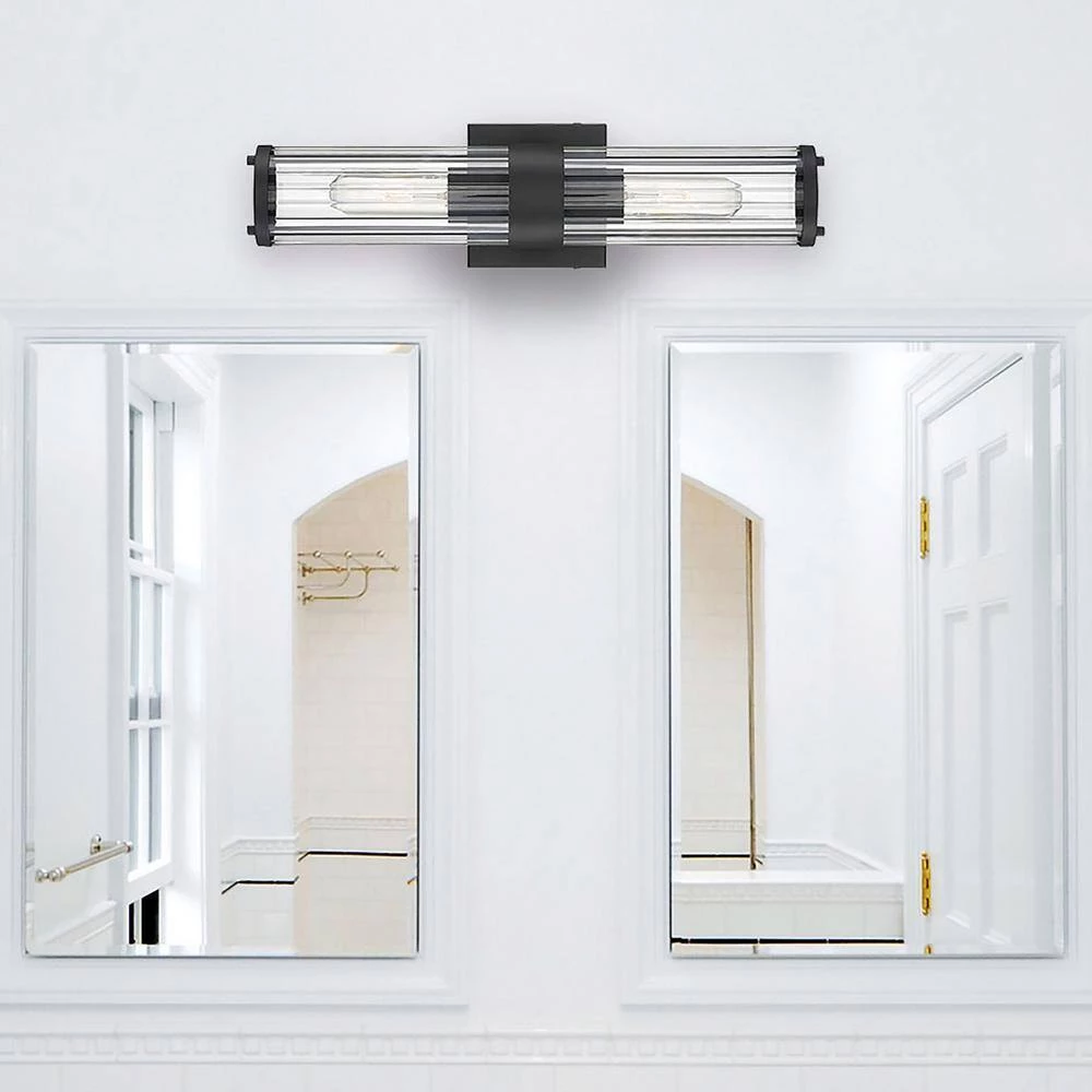 18 in. 2-Light Black Vanity Light with Clear Ribbed Glass Shade by Cordelia Lighting 9 18 in. 2-Light Black Vanity Light with Clear Ribbed Glass Shade by Cordelia Lighting - Image 7