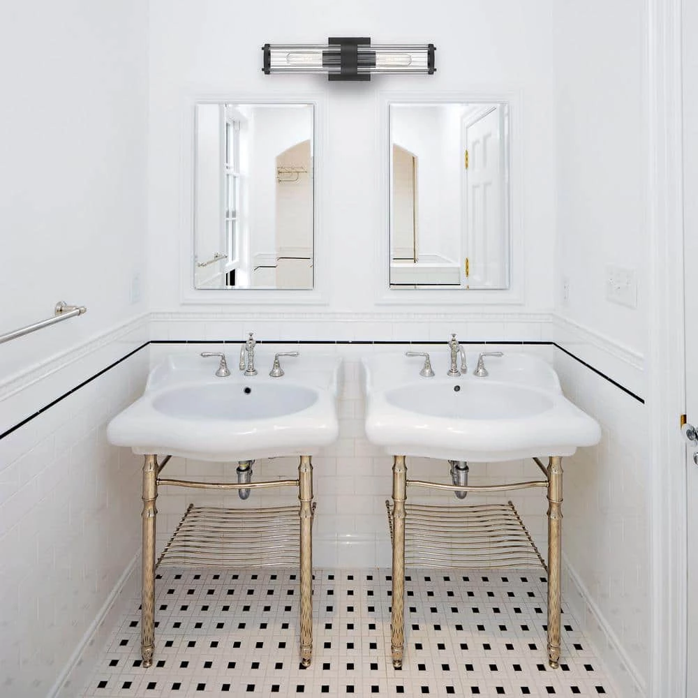 18 in. 2-Light Black Vanity Light with Clear Ribbed Glass Shade by Cordelia Lighting 10 18 in. 2-Light Black Vanity Light with Clear Ribbed Glass Shade by Cordelia Lighting - Image 8