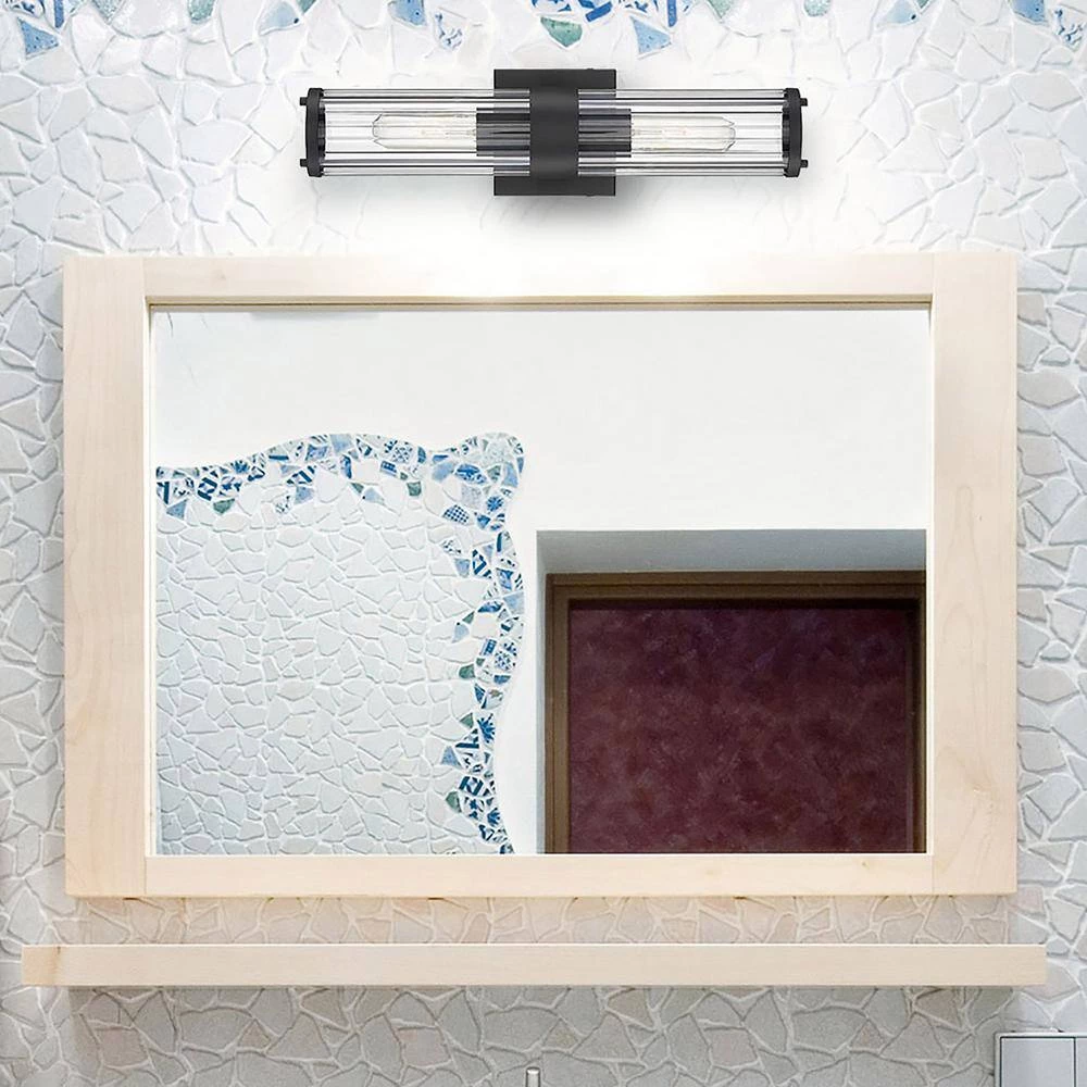 18 in. 2-Light Black Vanity Light with Clear Ribbed Glass Shade by Cordelia Lighting 4 18 in. 2-Light Black Vanity Light with Clear Ribbed Glass Shade by Cordelia Lighting - Image 2