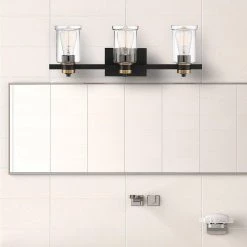 23 in. 3-Light Black Vanity Light with Clear Glass Shades by Cordelia Lighting 17 23 in. 3-Light Black Vanity Light with Clear Glass Shades by Cordelia Lighting -Spitzer Sales Store black cordelia lighting vanity lighting 2634 328 66 1000