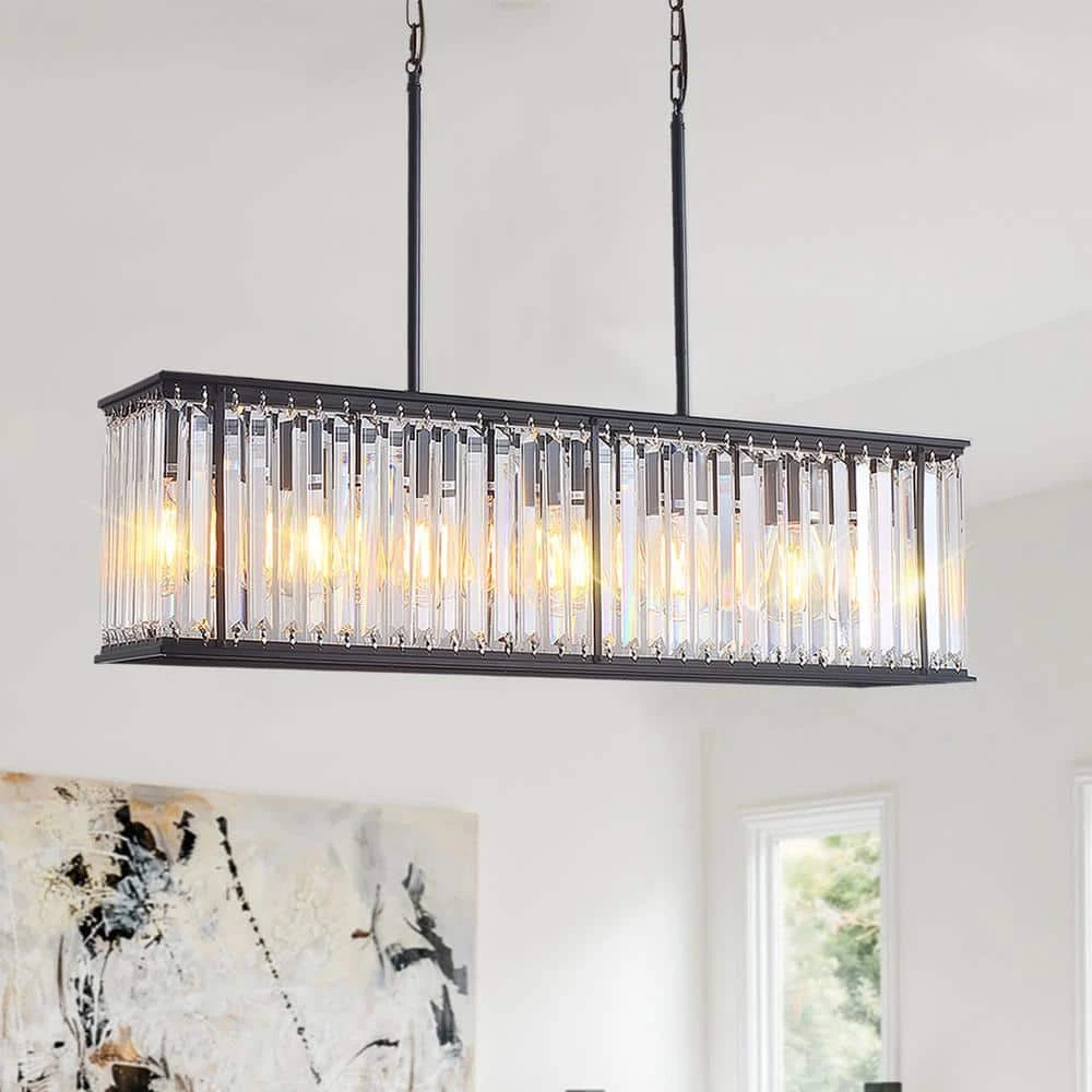 6-Light Modern Island Raindrop Rectangular Crystal Chandelier Light Fixture in Black by Magic Home 3 6-Light Modern Island Raindrop Rectangular Crystal Chandelier Light Fixture in Black by Magic Home