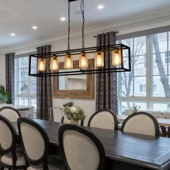 6-Light Farmhouse Hanging Ceiling Black Fixture Island Light Industrial Swag Chandeliers with Glass Shades by Magic Home