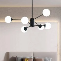 6-Light Black Cream White Sputnik Modern Linear Chandelier by Magic Home