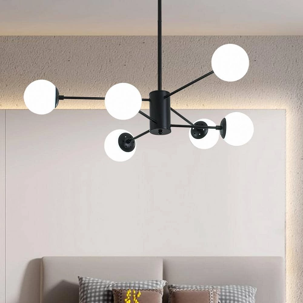6-Light Black Cream White Sputnik Modern Linear Chandelier by Magic Home 3 6-Light Black Cream White Sputnik Modern Linear Chandelier by Magic Home
