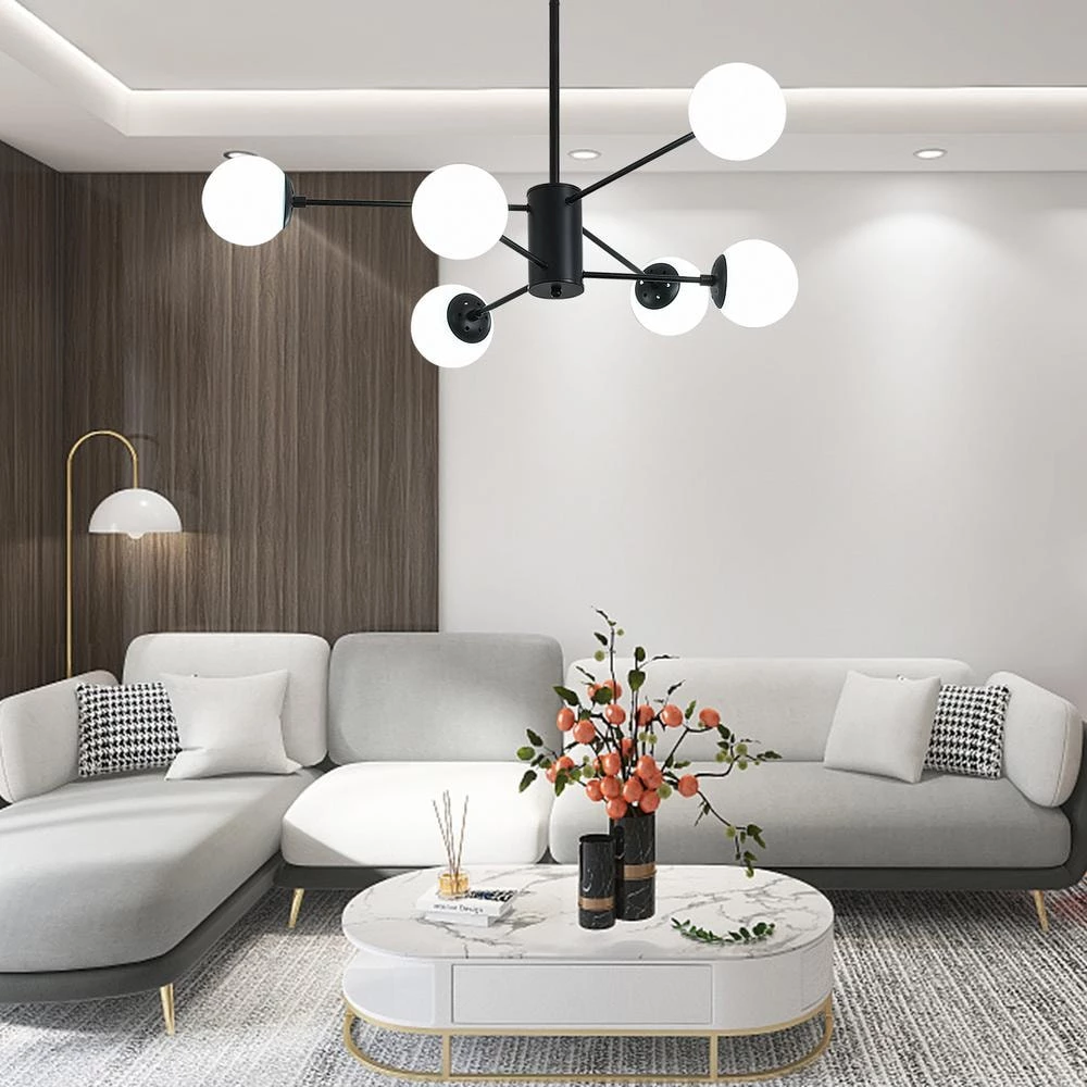 6-Light Black Cream White Sputnik Modern Linear Chandelier by Magic Home 4 6-Light Black Cream White Sputnik Modern Linear Chandelier by Magic Home - Image 2