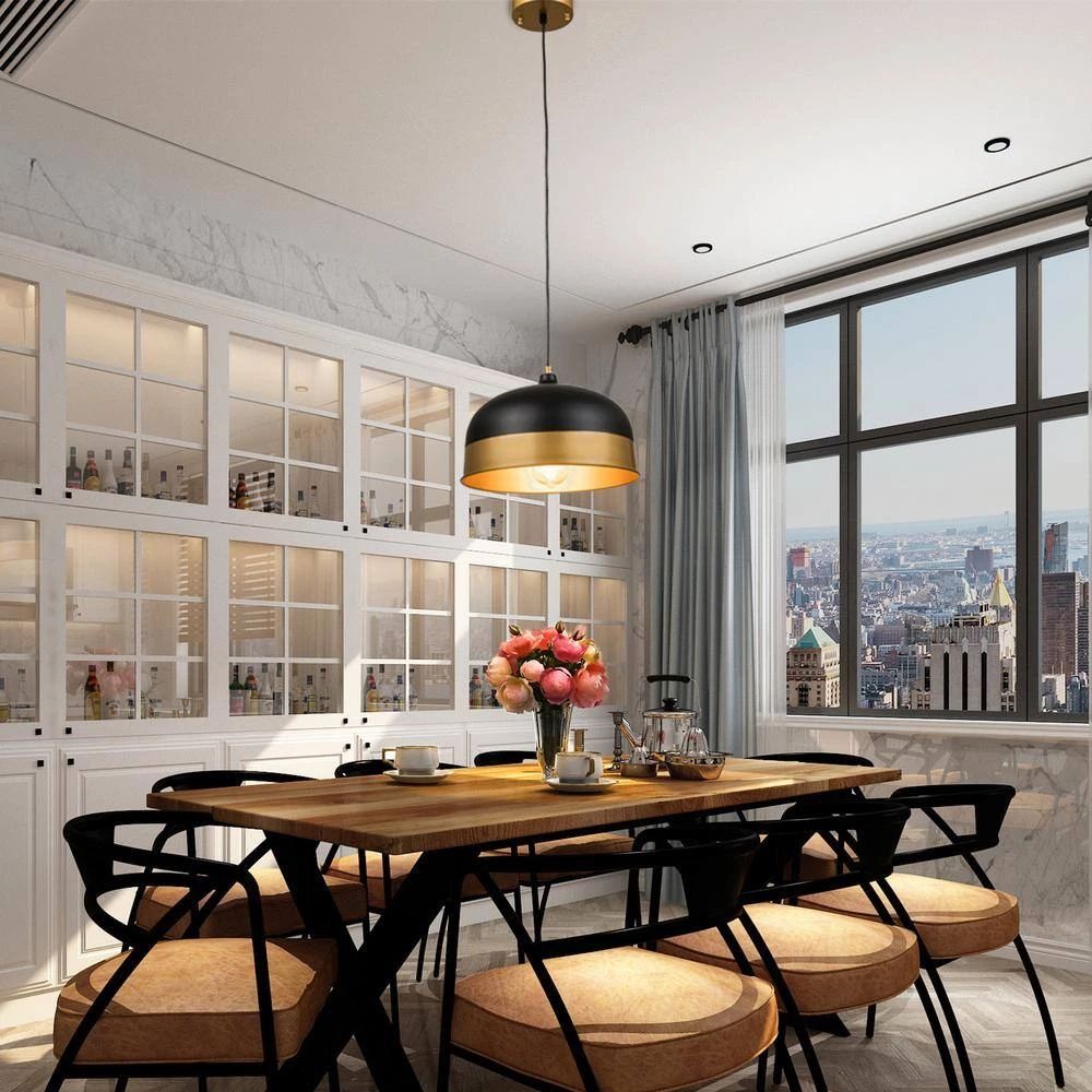 1-Light Black Industrial Linear Dome Hanging Pendant Light with Metal Shade by Magic Home 4 1-Light Black Industrial Linear Dome Hanging Pendant Light with Metal Shade by Magic Home - Image 2