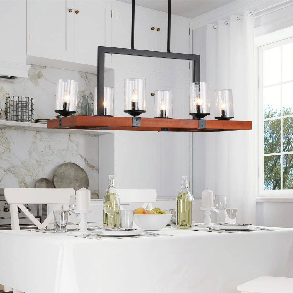 6-Light Kitchen Brown Rectangle Wood Accents Island Chandelier with Glass Shade by Magic Home 9 6-Light Kitchen Brown Rectangle Wood Accents Island Chandelier with Glass Shade by Magic Home - Image 7