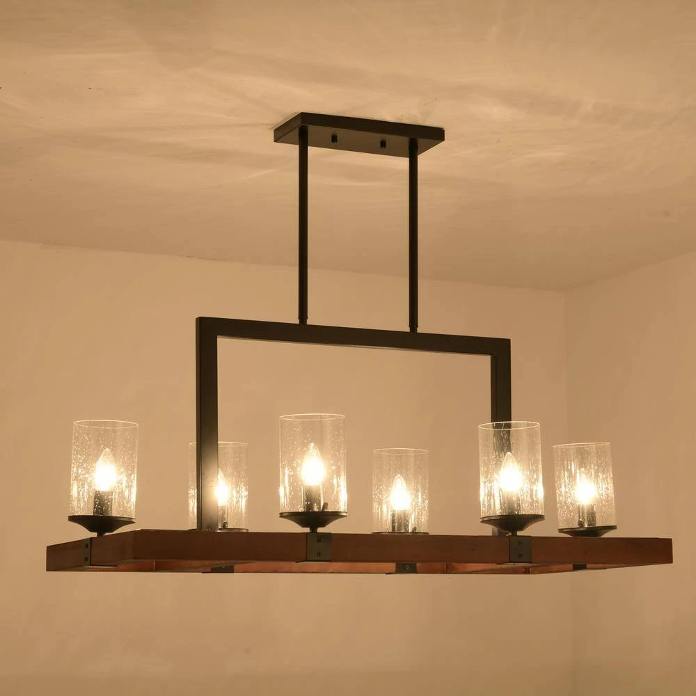 6-Light Kitchen Brown Rectangle Wood Accents Island Chandelier with Glass Shade by Magic Home 13 6-Light Kitchen Brown Rectangle Wood Accents Island Chandelier with Glass Shade by Magic Home - Image 11