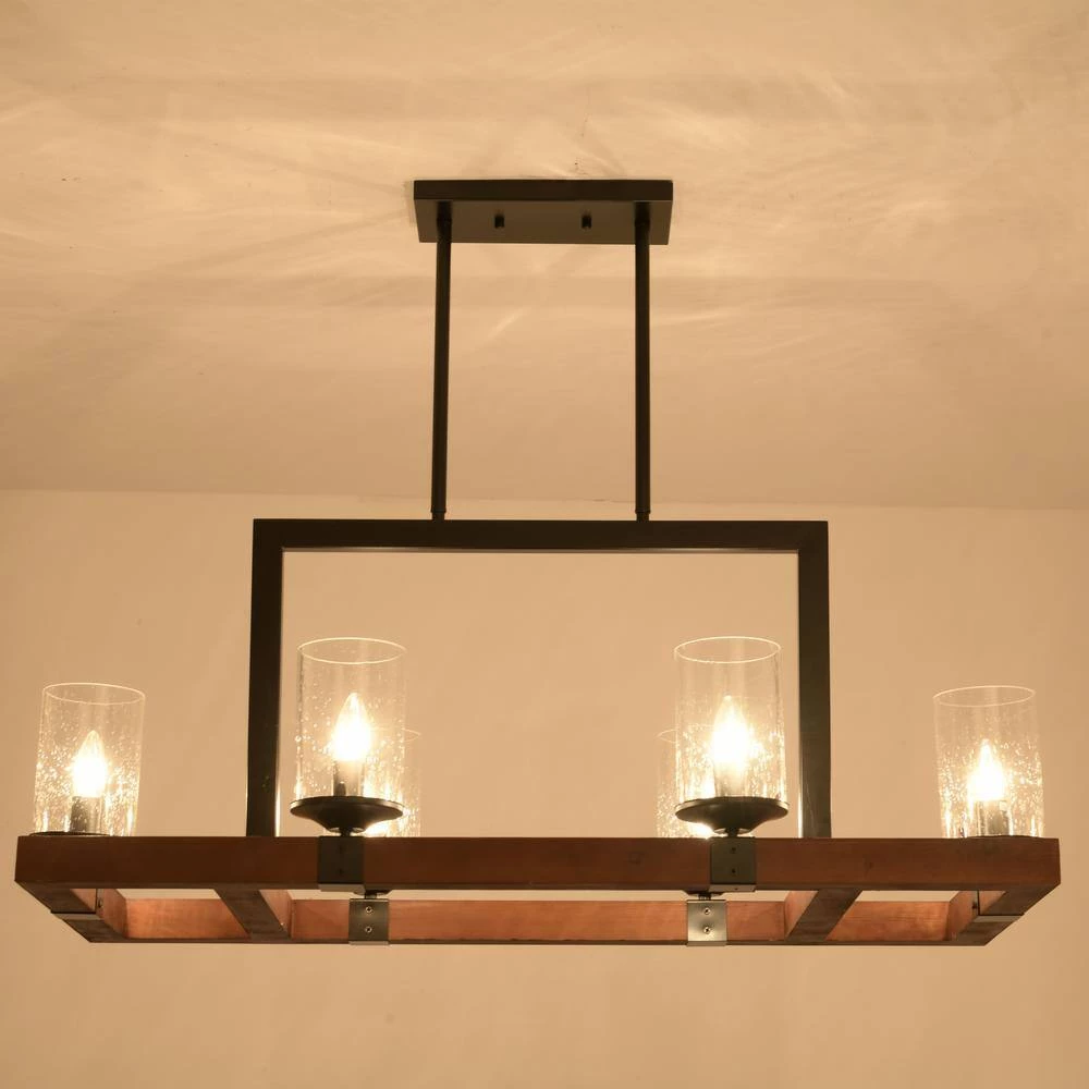 6-Light Kitchen Brown Rectangle Wood Accents Island Chandelier with Glass Shade by Magic Home 8 6-Light Kitchen Brown Rectangle Wood Accents Island Chandelier with Glass Shade by Magic Home - Image 6