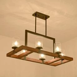 6-Light Kitchen Brown Rectangle Wood Accents Island Chandelier with Glass Shade by Magic Home