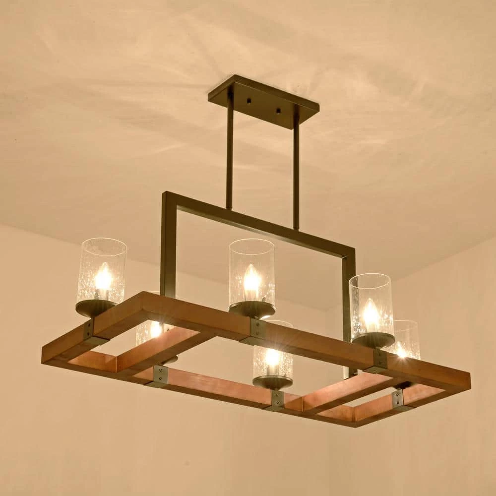 6-Light Kitchen Brown Rectangle Wood Accents Island Chandelier with Glass Shade by Magic Home 3 6-Light Kitchen Brown Rectangle Wood Accents Island Chandelier with Glass Shade by Magic Home