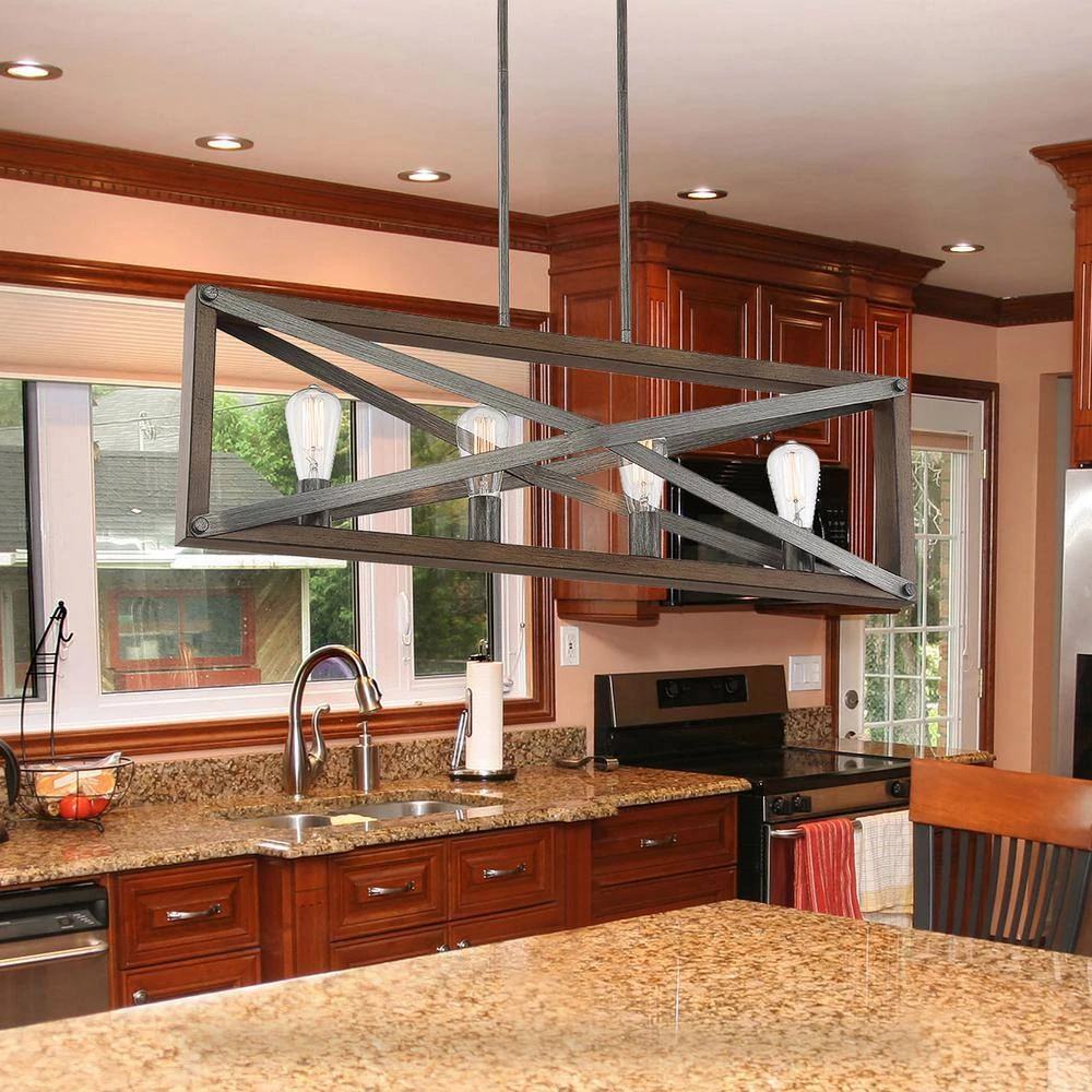 4-Light Brushed Iron Linear Chandelier with Wood Grain Accents by Cordelia Lighting 12 4-Light Brushed Iron Linear Chandelier with Wood Grain Accents by Cordelia Lighting - Image 10