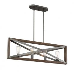 4-Light Brushed Iron Linear Chandelier with Wood Grain Accents by Cordelia Lighting