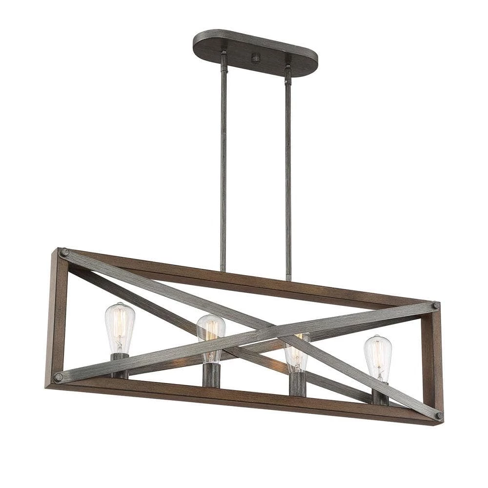 4-Light Brushed Iron Linear Chandelier with Wood Grain Accents by Cordelia Lighting 3 4-Light Brushed Iron Linear Chandelier with Wood Grain Accents by Cordelia Lighting