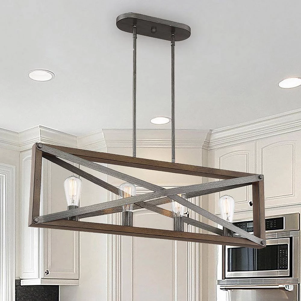 4-Light Brushed Iron Linear Chandelier with Wood Grain Accents by Cordelia Lighting 9 4-Light Brushed Iron Linear Chandelier with Wood Grain Accents by Cordelia Lighting - Image 7