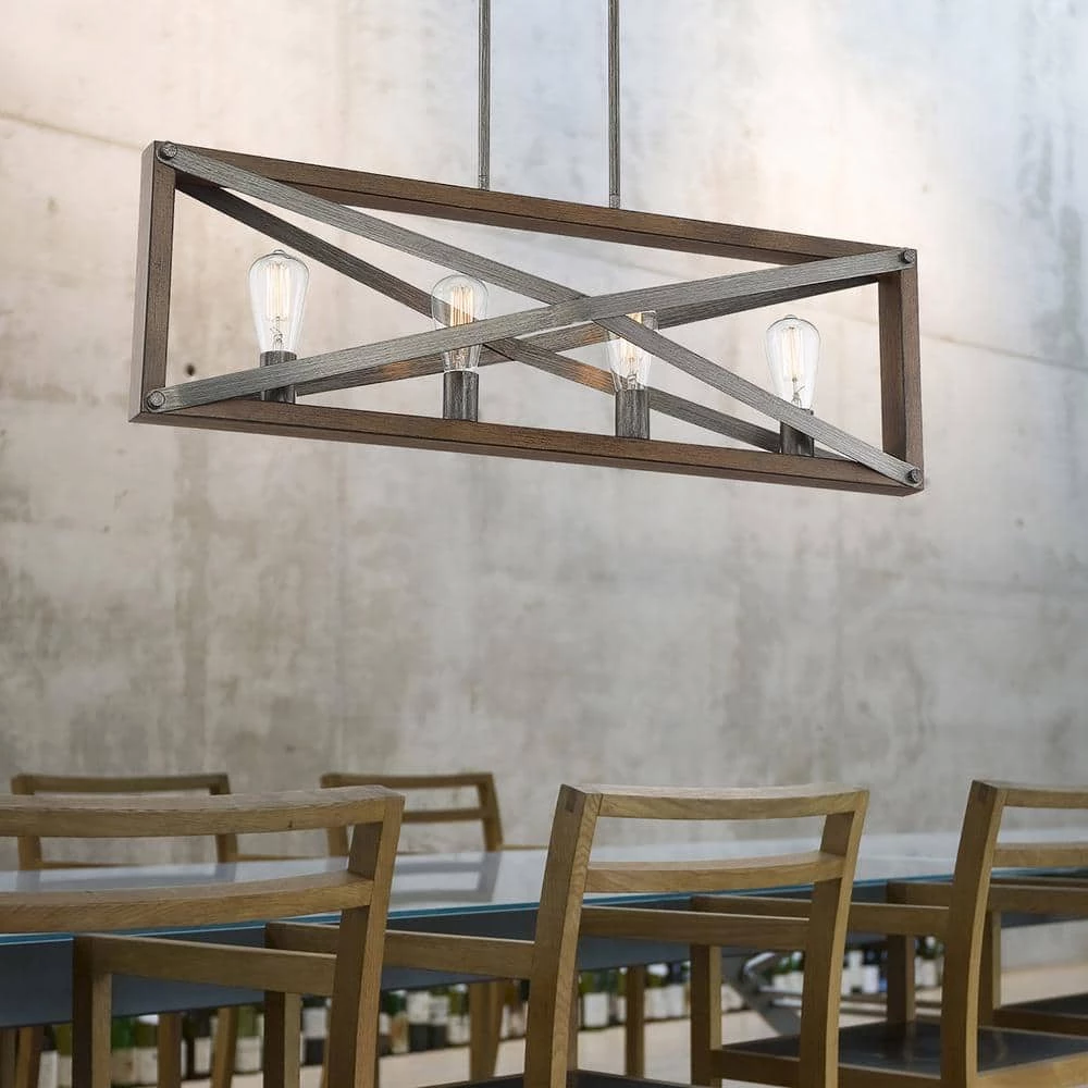 4-Light Brushed Iron Linear Chandelier with Wood Grain Accents by Cordelia Lighting 4 4-Light Brushed Iron Linear Chandelier with Wood Grain Accents by Cordelia Lighting - Image 2