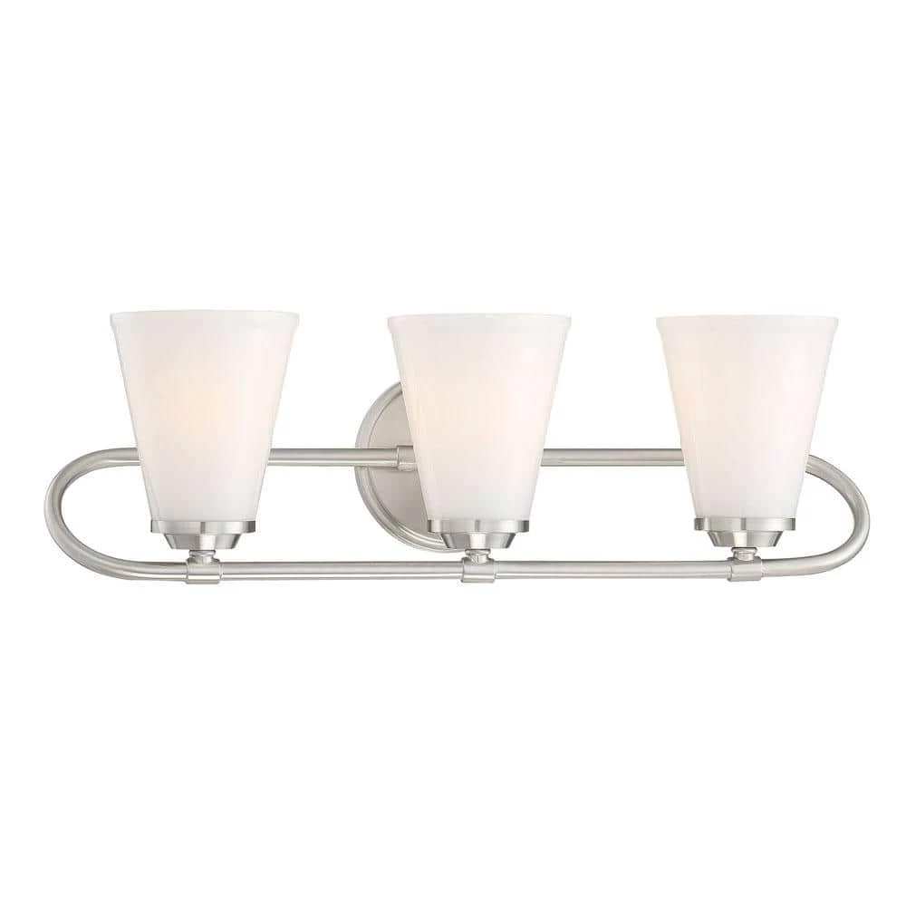 Bell Style 22 in. 3-Light Brushed Nickel Vanity Light with Opal Glass Shades by Cordelia Lighting 3 Bell Style 22 in. 3-Light Brushed Nickel Vanity Light with Opal Glass Shades by Cordelia Lighting