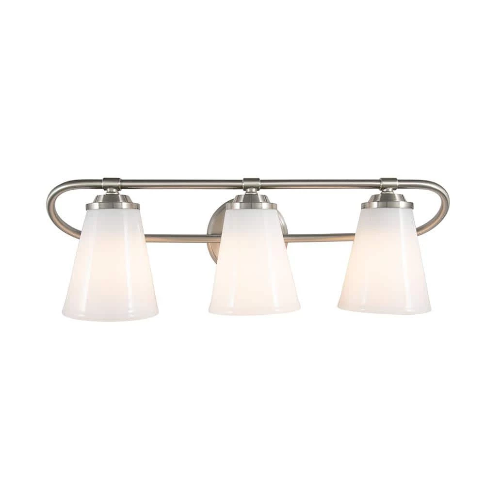 Bell Style 22 in. 3-Light Brushed Nickel Vanity Light with Opal Glass Shades by Cordelia Lighting 6 Bell Style 22 in. 3-Light Brushed Nickel Vanity Light with Opal Glass Shades by Cordelia Lighting - Image 4