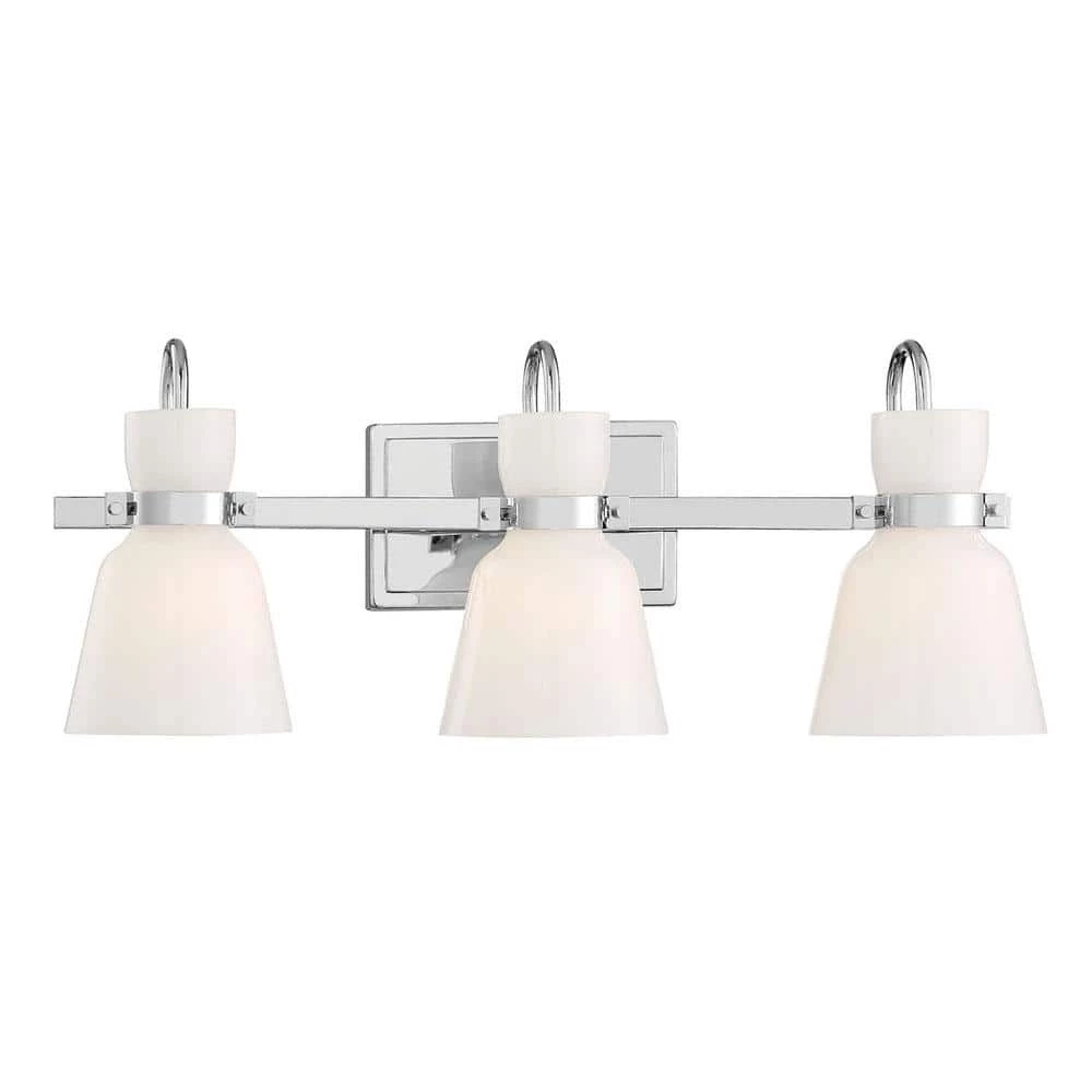 Curved Bell Style 24 in. 3-Light Chrome Vanity Light with Opal Glass Shades by Cordelia Lighting 3 Curved Bell Style 24 in. 3-Light Chrome Vanity Light with Opal Glass Shades by Cordelia Lighting
