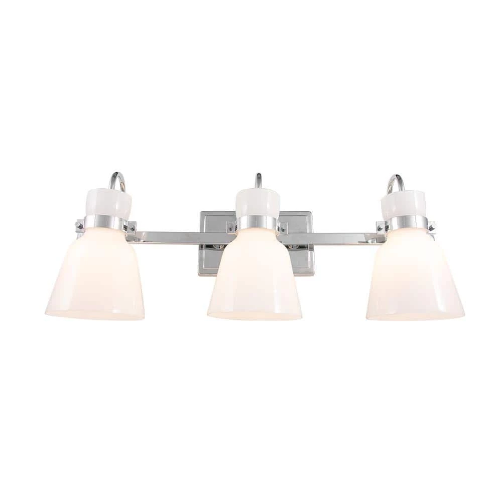 Curved Bell Style 24 in. 3-Light Chrome Vanity Light with Opal Glass Shades by Cordelia Lighting 6 Curved Bell Style 24 in. 3-Light Chrome Vanity Light with Opal Glass Shades by Cordelia Lighting - Image 4