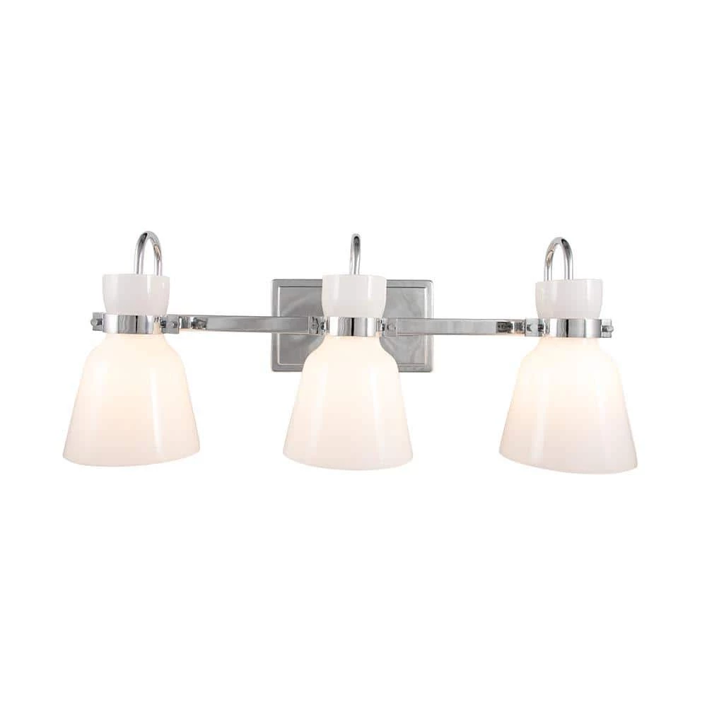 Curved Bell Style 24 in. 3-Light Chrome Vanity Light with Opal Glass Shades by Cordelia Lighting 4 Curved Bell Style 24 in. 3-Light Chrome Vanity Light with Opal Glass Shades by Cordelia Lighting - Image 2