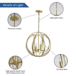 4-Light in Gold Pendant Light Modern Globe Cage by Magic Home 12 4-Light in Gold Pendant Light Modern Globe Cage by Magic Home -Spitzer Sales Store gold magic home chandeliers mh lch 22007g 1f 1000