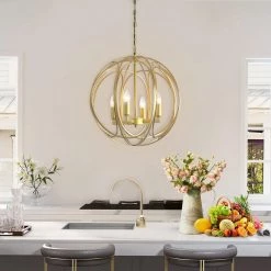 4-Light in Gold Pendant Light Modern Globe Cage by Magic Home