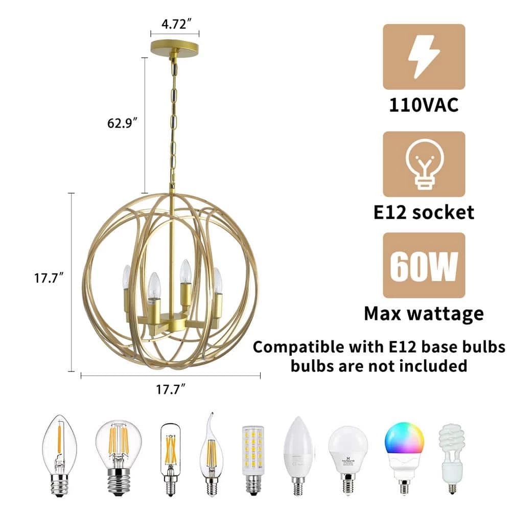 4-Light in Gold Pendant Light Modern Globe Cage by Magic Home 5 4-Light in Gold Pendant Light Modern Globe Cage by Magic Home - Image 3