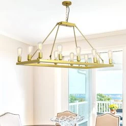Magic Home 12- -Light Gold Color Candle Style Rectangle Chandelier With Metal Shade