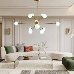 60-Watt LED Integrated Gold Sputnik Chandelier 12-Light Ceiling Light with White Frosted Globes by Magic Home -Spitzer Sales Store gold magic home chandeliers mh y 020224 1f 1000