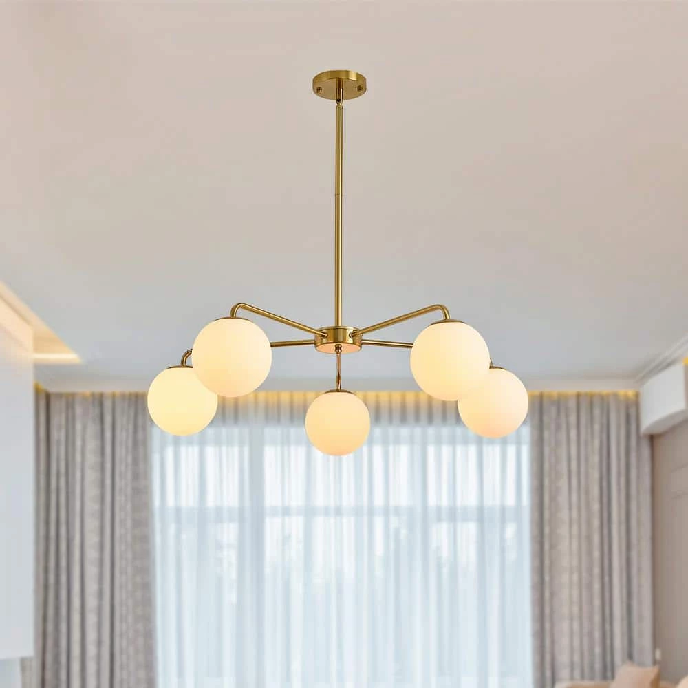 5-Light Reversible Gold Fixture Chandelier with White Globes by Magic Home 3 5-Light Reversible Gold Fixture Chandelier with White Globes by Magic Home